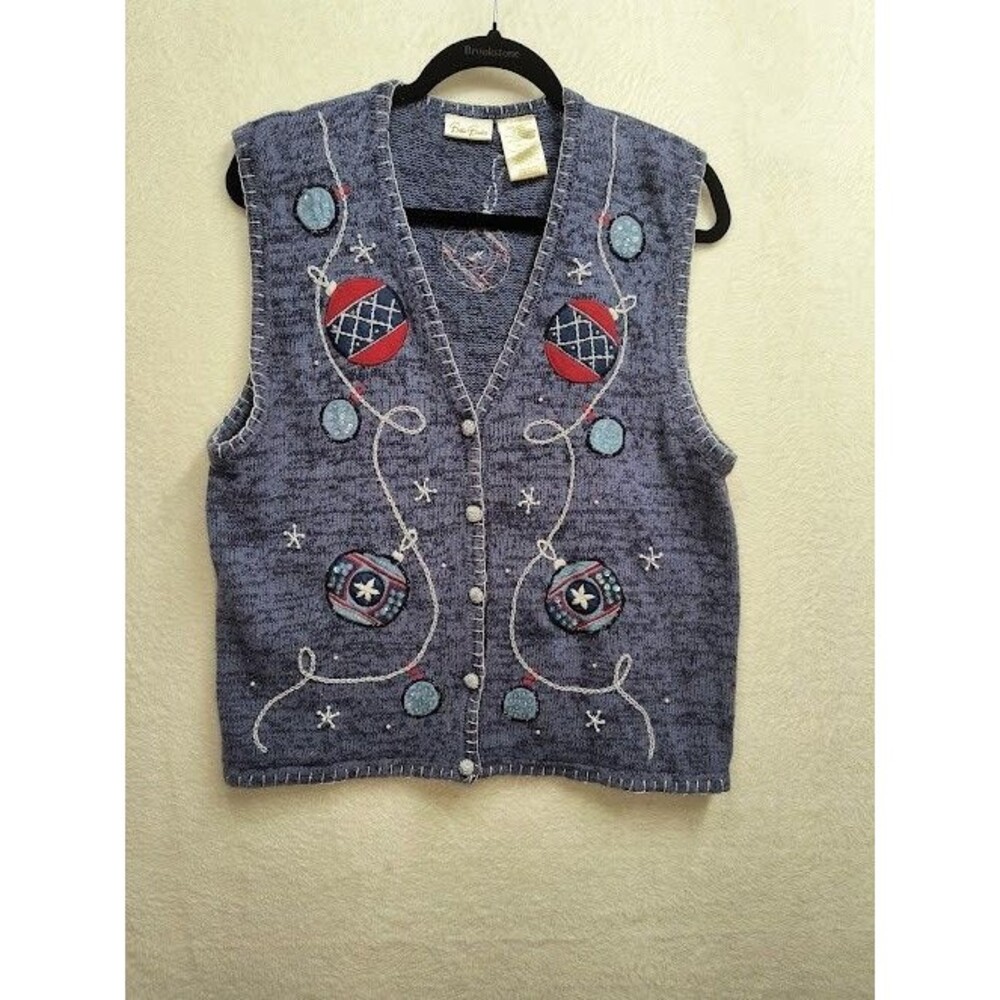 VTG Bobbie Brooks Women's Christmas Ornament Knit Embroidered Sweater Vest Sz L